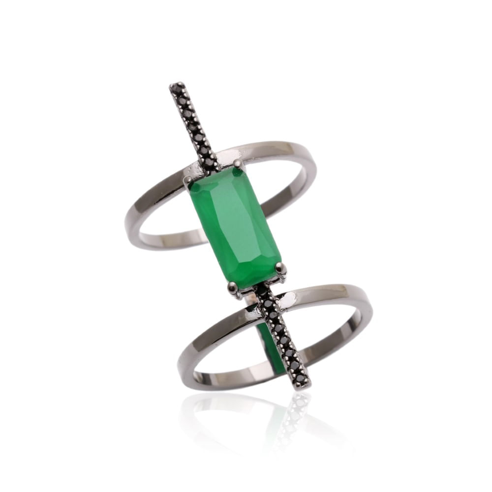 Anel Mini Retângulo Cristal Esmeralda Banho de Ródio Negro  aro11