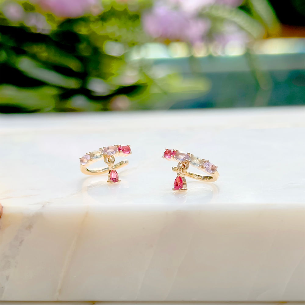 Piercing ovais gota cristal turmalina rosa banho de ouro 18k