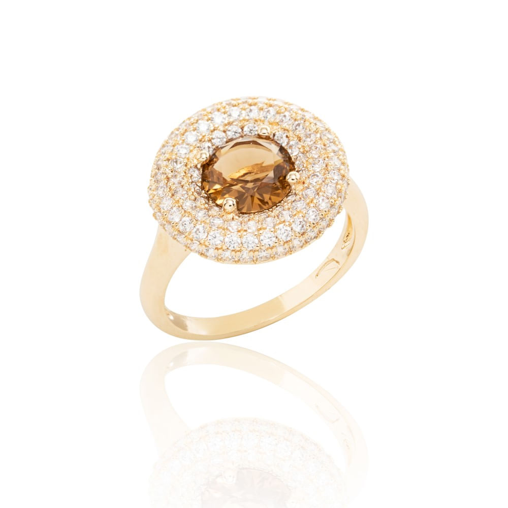 Anel disco cravejado cristal topázio fumê banho de ouro 18k