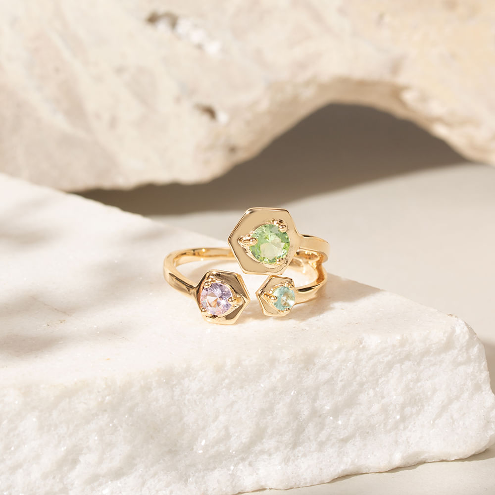 Anel Hexagono Cristal Berilo Aberto Banho de Ouro 18k
