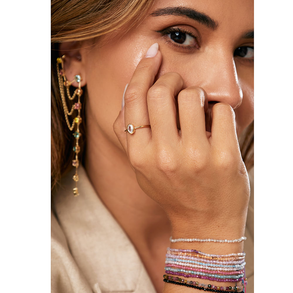 Brinco Earchain Formas Cristal Citrino Cristal Ametista Cristal Topázio Azul - Banho de Ouro 18k