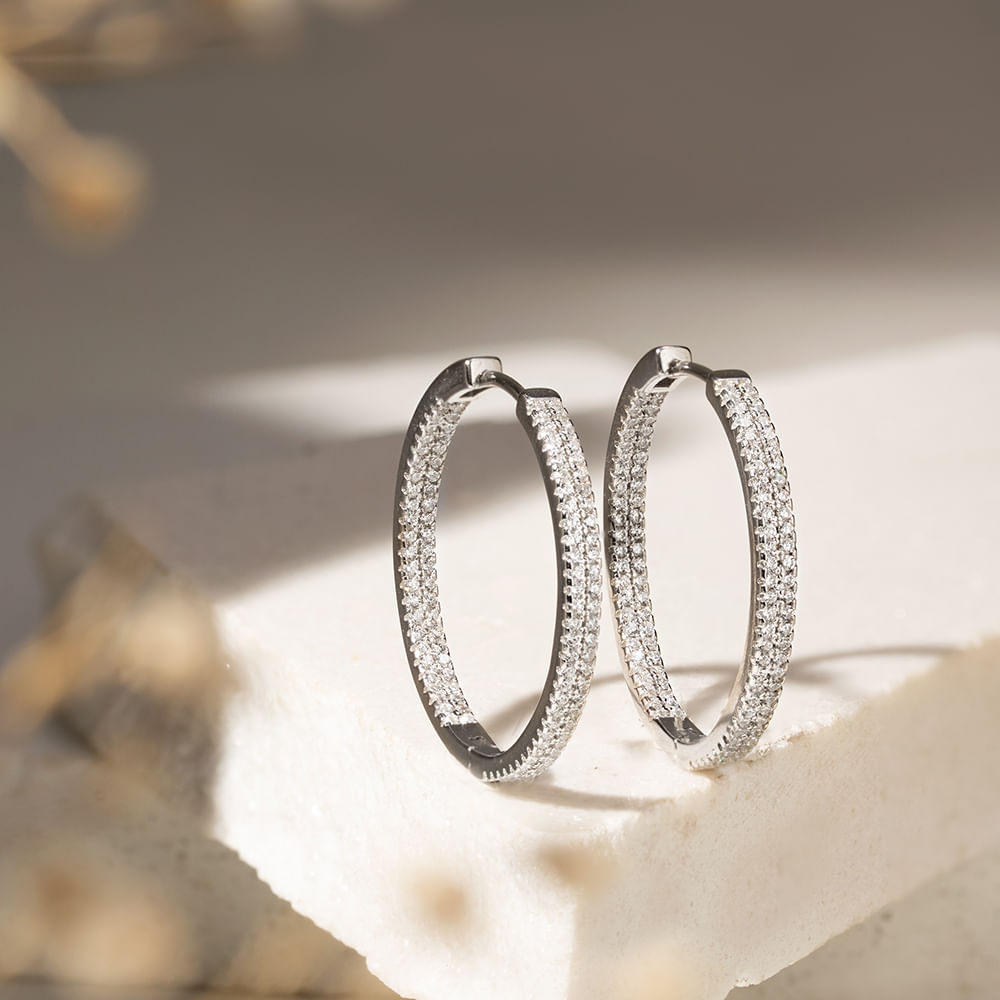 Brinco Argola com Duas Linhas Cravejadas de Zircônias Brancas - Prata 925