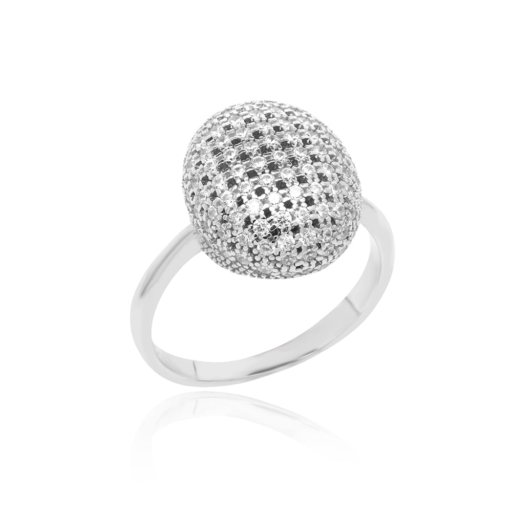 Anel Oval Cravejado com Zircônias Brancas - Prata 925