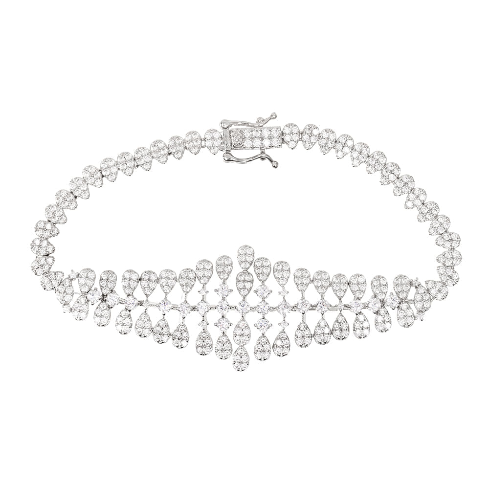 Conjunto Maxi com Brinco, Colar, Anel e Pulseira de 19cm Inteiro Cravejado de Zircônias Brancas - Banho de Ródio Branco