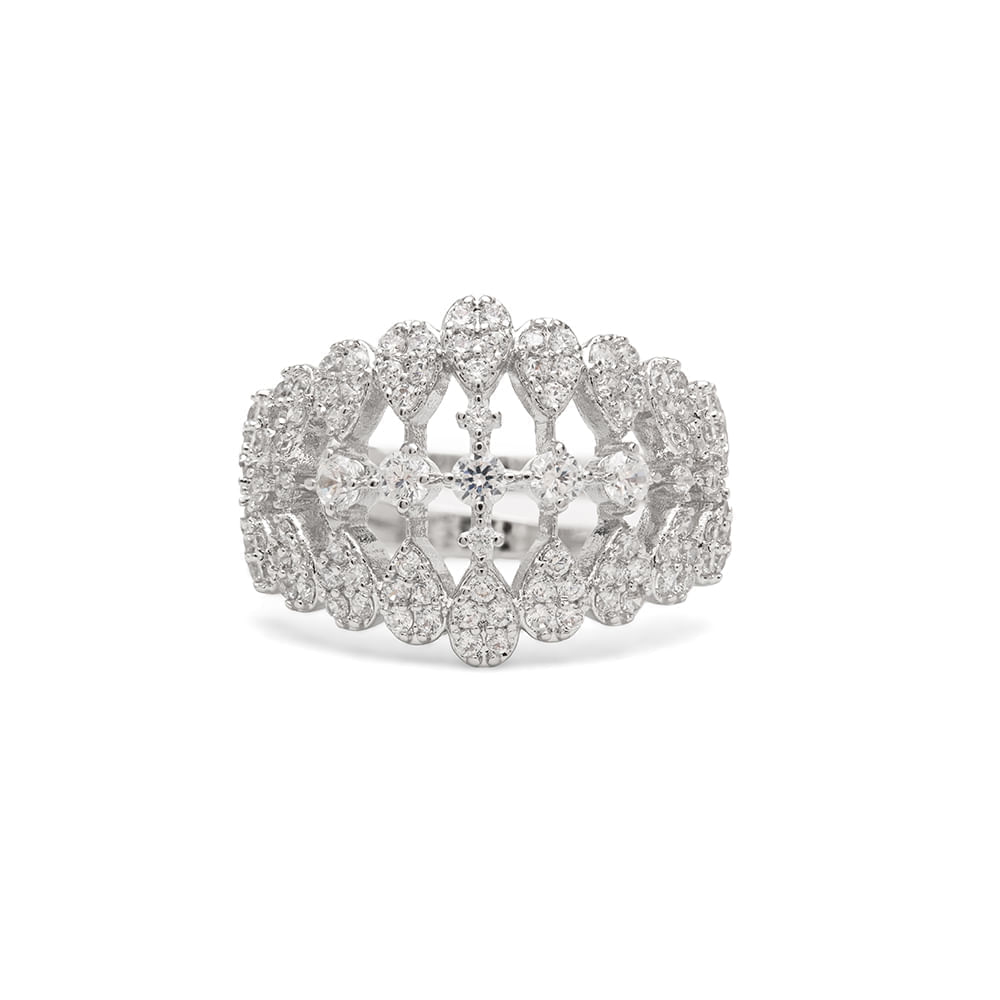 Conjunto Maxi com Brinco, Colar, Anel e Pulseira de 19cm Inteiro Cravejado de Zircônias Brancas - Banho de Ródio Branco